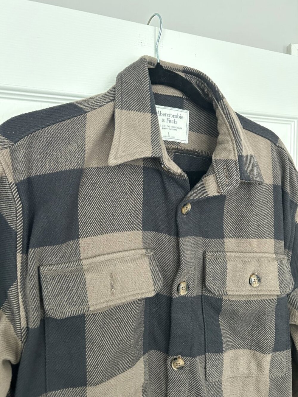 Abercrombie Fitch Shirt Jacket Mens Large Brown Black Plaid Heavyweight Shacket - Picture 3 of 9